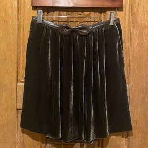 SANDRO velvet skirt dark green brown leather bow zipper size 1 pockets